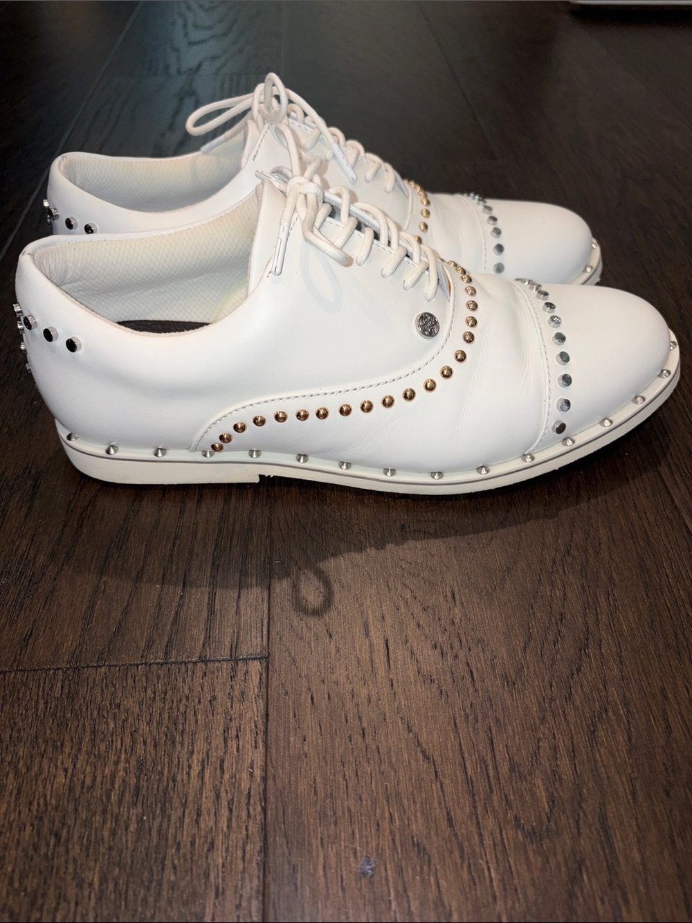 G/FORE White Studded Leather Lace-Up Flats, Gallivanter